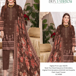 Digital print lawn 9070 neck two head sequence embroidery digital print banadora 100100 voil dupatta plain dyed trouser vol #589 (1)
