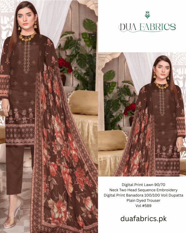 Digital print lawn 9070 neck two head sequence embroidery digital print banadora 100100 voil dupatta plain dyed trouser vol #589 (1)