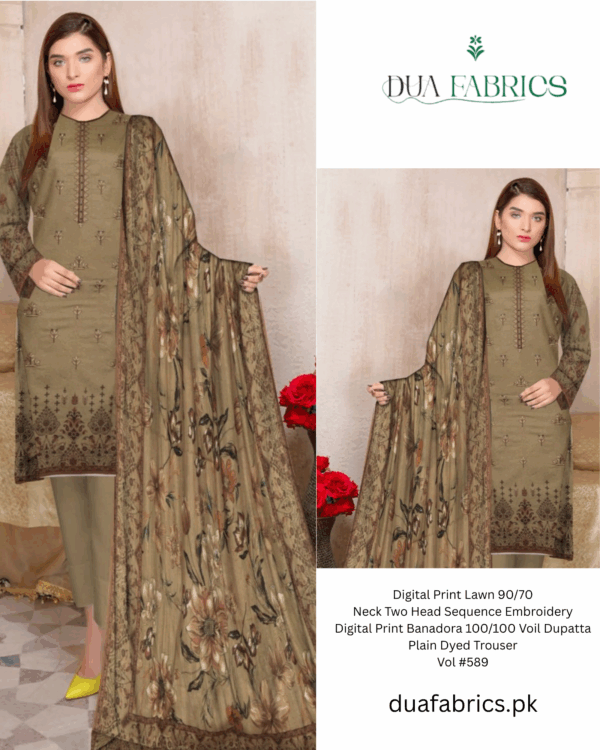 Digital print lawn 9070 neck two head sequence embroidery digital print banadora 100100 voil dupatta plain dyed trouser vol #589 (2)
