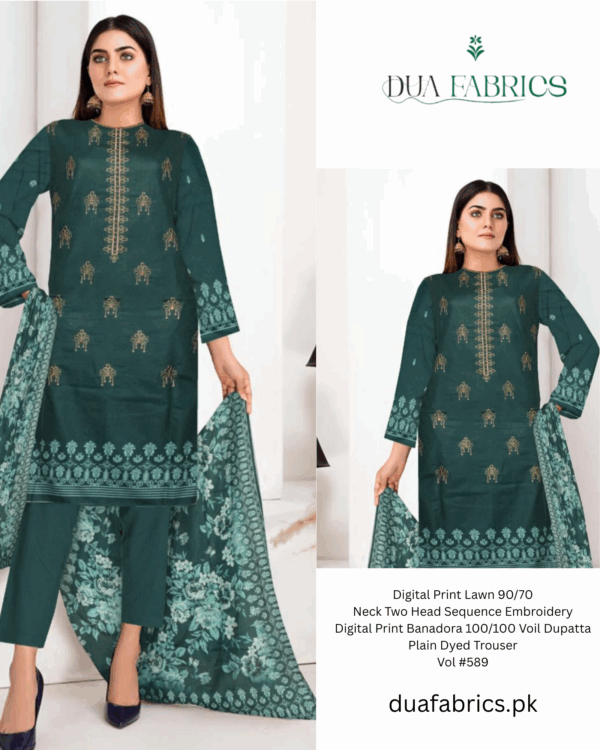 Digital print lawn 9070 neck two head sequence embroidery digital print banadora 100100 voil dupatta plain dyed trouser vol #589 (3)