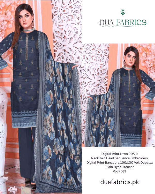 Digital print lawn 9070 neck two head sequence embroidery digital print banadora 100100 voil dupatta plain dyed trouser vol #589 (4)