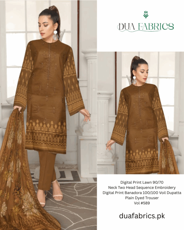 Digital print lawn 9070 neck two head sequence embroidery digital print banadora 100100 voil dupatta plain dyed trouser vol #589 (5)