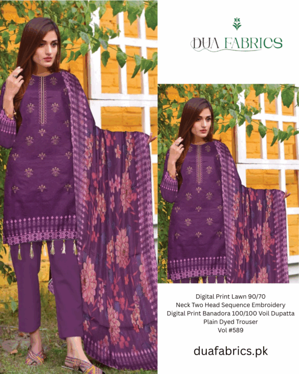 Digital print lawn 9070 neck two head sequence embroidery digital print banadora 100100 voil dupatta plain dyed trouser vol #589 (6)