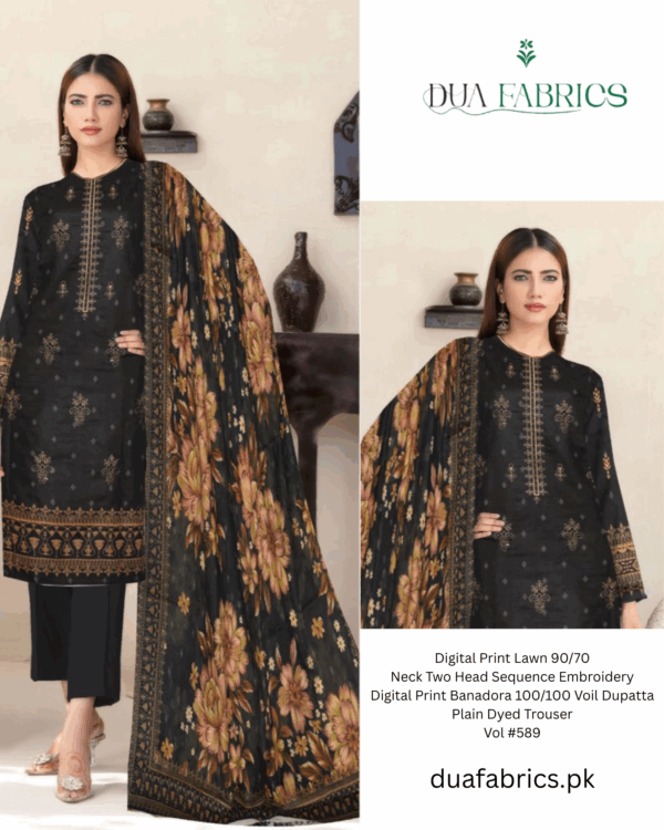 Digital print lawn 9070 neck two head sequence embroidery digital print banadora 100100 voil dupatta plain dyed trouser vol #589