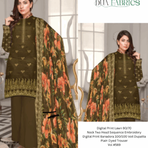 Digital print lawn 9070 neck two head sequence embroidery digital print banadora 100100 voil dupatta plain dyed trouser vol #589 (7)