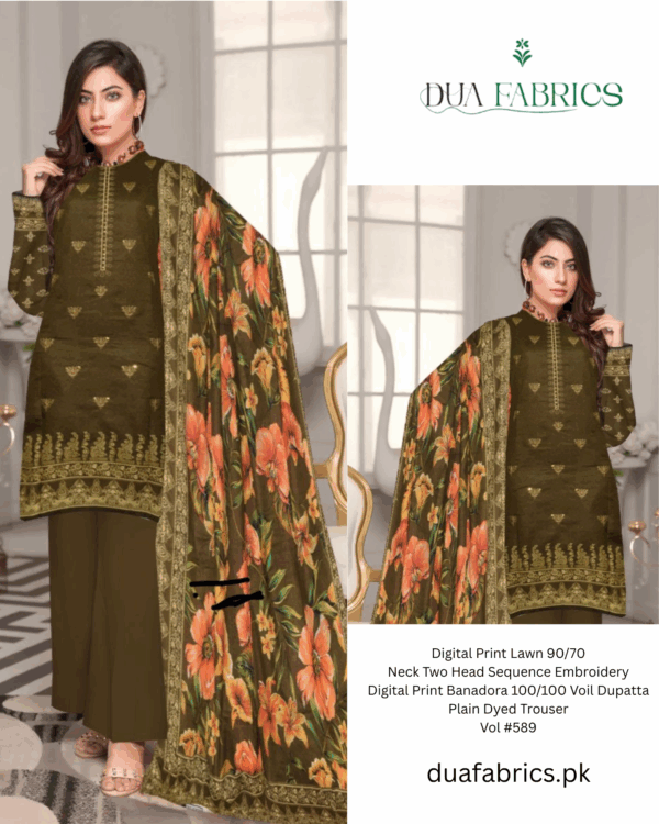 Digital print lawn 9070 neck two head sequence embroidery digital print banadora 100100 voil dupatta plain dyed trouser vol #589 (7)