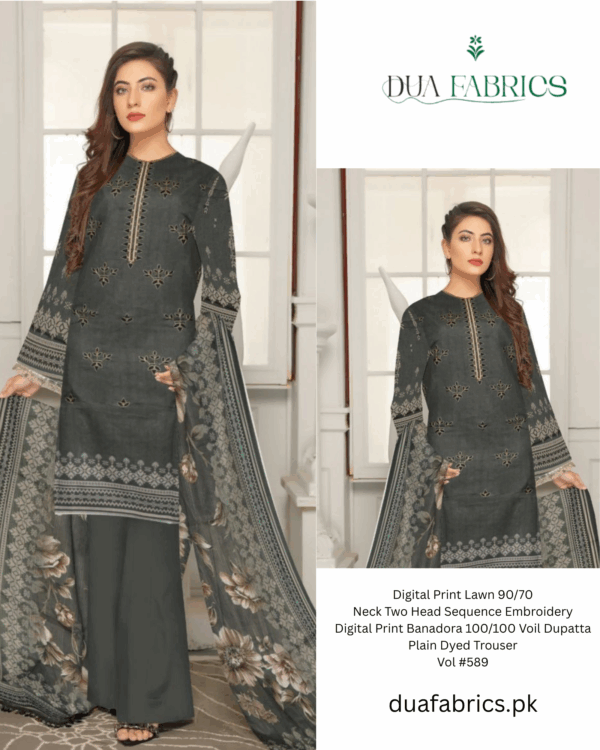 Digital print lawn 9070 neck two head sequence embroidery digital print banadora 100100 voil dupatta plain dyed trouser vol #589 (8)