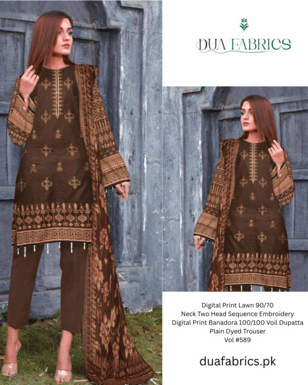 Digital print lawn 9070 neck two head sequence embroidery digital print banadora 100100 voil dupatta plain dyed trouser vol #589 (9)