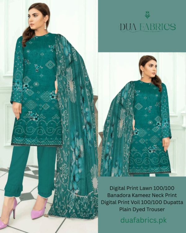 Copy of digital print lawn 9070 neck two head sequence embroidery digital print banadora 100100 voil dupatta plain dyed trouser vol #589 (2)