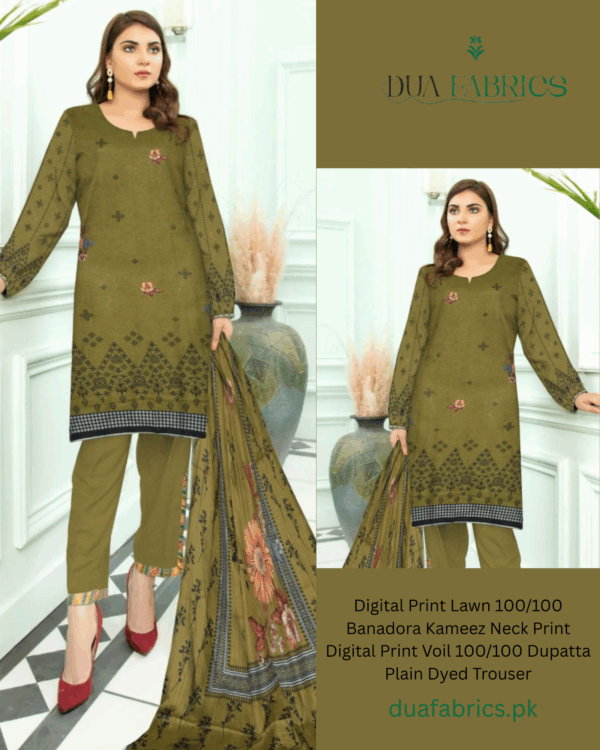 Copy of digital print lawn 9070 neck two head sequence embroidery digital print banadora 100100 voil dupatta plain dyed trouser vol #589 (3)