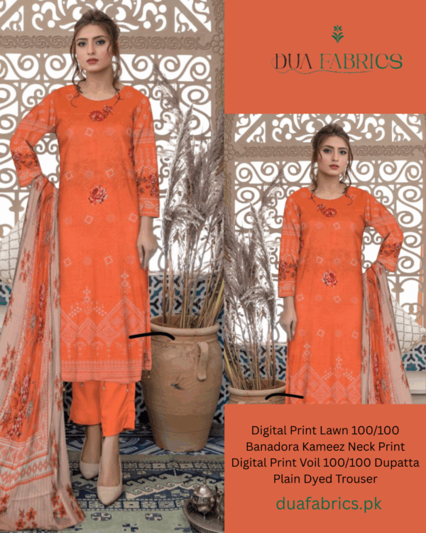 Copy of digital print lawn 9070 neck two head sequence embroidery digital print banadora 100100 voil dupatta plain dyed trouser vol #589 (4)