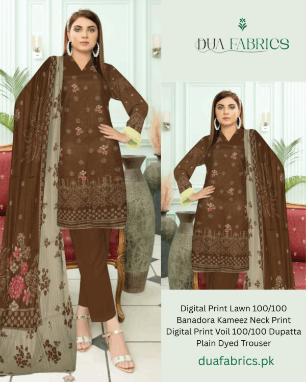 Copy of digital print lawn 9070 neck two head sequence embroidery digital print banadora 100100 voil dupatta plain dyed trouser vol #589 (5)