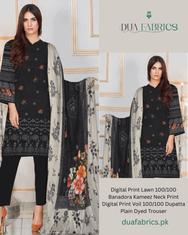 Copy of digital print lawn 9070 neck two head sequence embroidery digital print banadora 100100 voil dupatta plain dyed trouser vol #589