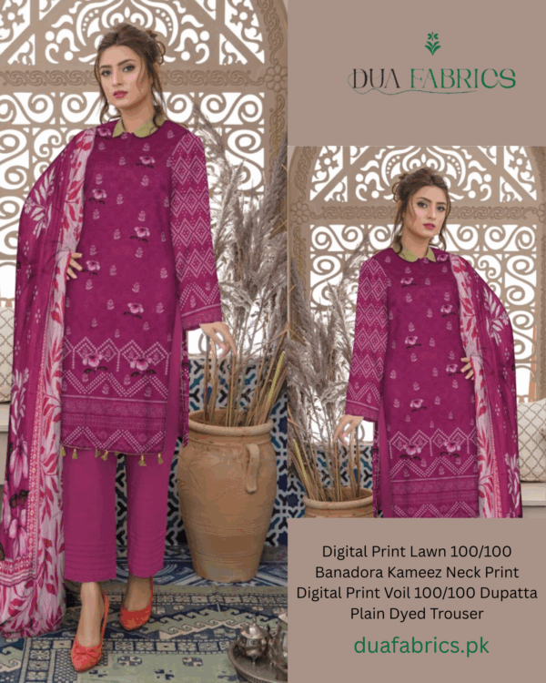 Copy of digital print lawn 9070 neck two head sequence embroidery digital print banadora 100100 voil dupatta plain dyed trouser vol #589 (7)